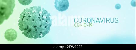 Coronavirus, Covid-19, illustrazione 3D. Sfondo bianco cuvetta blu. Formato Web banner. Vista microscopica delle cellule virali flottanti. Influenza, 2019 ncov Foto Stock