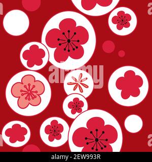 Vector rosso bianco rosa bolla fiori ciliegia fiore 60 s 70 s, sfondo senza cuciture. Illustrazione Vettoriale