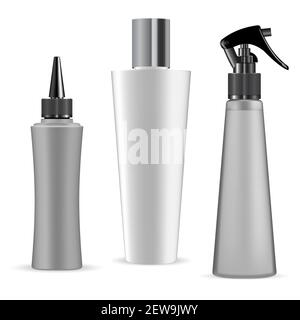 Flacone per tinture per capelli, shampoo, pacchetto spray mockup, vettore 3d. Set vuoto contenitore cosmetico in plastica bianca. Deodorante spray a pistola o schiuma pulita per cucina. b Illustrazione Vettoriale