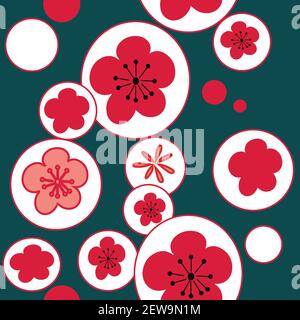 Vector verde bianco bolla fiori ciliegia fiore 60 s 70 s, sfondo senza cuciture. Illustrazione Vettoriale