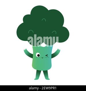 Carino carattere broccoli, verde sano mangiare per i bambini, kawaii cartone animato creatura vegetale con divertente espressione del viso, illustrazione vettoriale isolato su Illustrazione Vettoriale