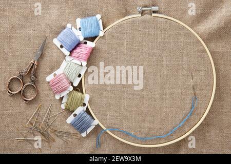 Filo interdentale per ricamo, forbici vintage, cerchio di legno e aghi con tela di cotone in cerchio, posa piatta con spazio per la copia Foto Stock