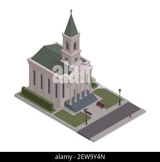 Elemento isometrico vettoriale che rappresenta la chiesa cattolica cristiana con parco adiacente, panchine, strada. Basso edificio di vecchia cattedrale gotica, isolato e in poly Illustrazione Vettoriale