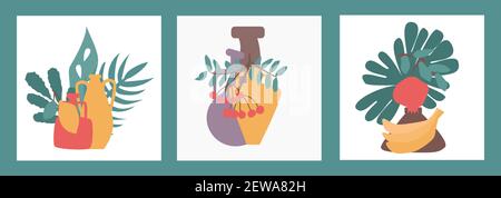 Set astratto di composizioni di vasi frutta e foglie Illustrazione Vettoriale