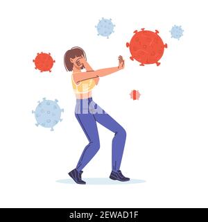 Fumetto piatto personaggio donna in panico, coronavirus Covid-19 prevenzione malattia vettore illustrazione concetto Illustrazione Vettoriale