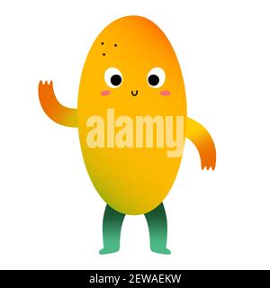 Carino personaggio mango, dolce frutta tropicale, kawaii cartone animato creatura con divertente espressione del volto che ondola ciao con la mano, illustrazione vettoriale Illustrazione Vettoriale
