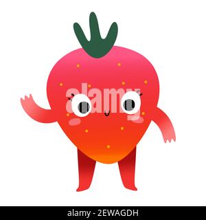 Carino fragola, mascotte di frutti di bosco dolce, felice cartone animato carattere di frutta con divertente espressione del volto che ondola ciao, vettore illustrazione isolato Illustrazione Vettoriale