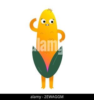 Carino corn cob carattere, dolce mais, kawaii cartoon carattere con divertente espressione del volto, vettore illustrazione isolato su bianco Illustrazione Vettoriale