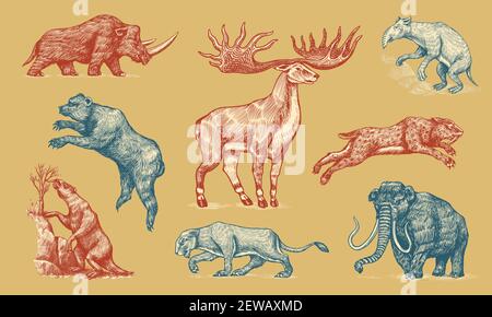 Mammoth o elefante estinto, Woolly rhinoceros Cave leone orso. Panthera Sabre tigre dentate, alci o cervi irlandesi, spioventi macinati, Megatheriidae. Vintage Illustrazione Vettoriale