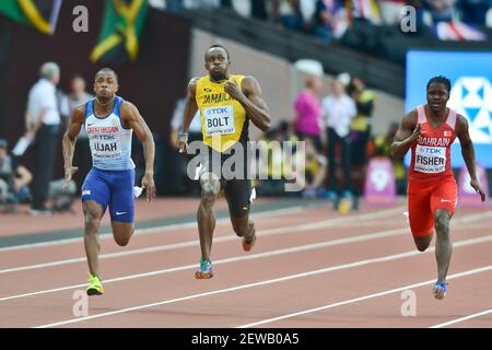 Usain Bolt (Giamaica), Chijindu Ujah (Gran Bretagna), Andrew Fisher (Bahrein). 100 metri uomini Semifinali, IAAF World Championships Londra 2017 Foto Stock