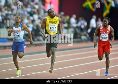 Usain Bolt (Giamaica), Chijindu Ujah (Gran Bretagna), Andrew Fisher (Bahrein). 100 metri uomini Semifinali, IAAF World Championships Londra 2017 Foto Stock