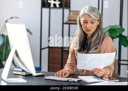 Focalizzato serio maturo grigio-capelli asiatici donna, freelance, manager o ceo, è impegnata in lavori di documentazione, studi documenti e grafici, analisi profitti, seduta a una scrivania Foto Stock