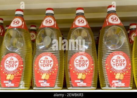 Quattro bottiglie di olio da cucina di colza fresco e secco espositore su scaffale per la vendita al supermercato, Regno Unito Foto Stock