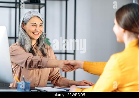 Una donna d'affari asiatica matura con capelli grigi amichevole, sta scuotendo le mani con una donna che cerca lavoro. Donna di mezza età riuscita che fa l'affare con il socio di affari femminile Foto Stock