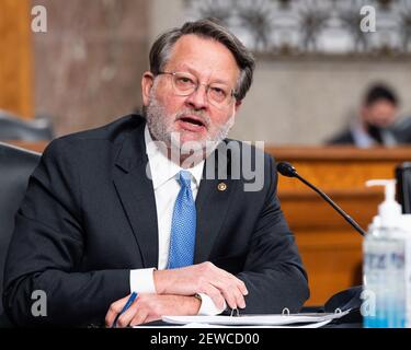 Washington, Stati Uniti. 02 marzo 2021. Il senatore degli Stati Uniti Gary Peters (D-MI) parla ad un'audizione del Comitato dei servizi Armed del Senato sulle sfide e la strategia globali di sicurezza. Credit: SOPA Images Limited/Alamy Live News Foto Stock