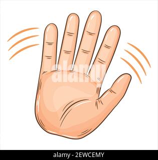 Segnale di saluto con la mano ondulata. Ciao o invito benvenuto gesturing. Palmo umano in movimento. Hi, Arrivederci, Give Five o segnale di saluto. Vettore cartoon Illustrazione Vettoriale