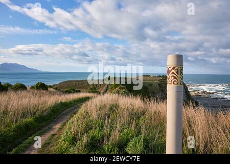 Sulla Kaikoura Peninsula Walkway che vi porta lungo una spettacolare scogliera sopra le colonie di foche, con vista sull'oceano fino alla copertura della neve Foto Stock