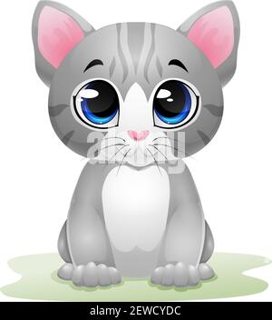 Carino kitten cartone animato seduto in erba Illustrazione Vettoriale