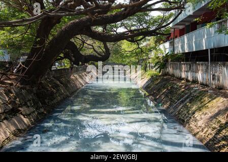 Pondicherry, India - 2 marzo 2021: L'acqua del canale contaminata da rifiuti industriali Foto Stock