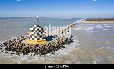 Faro Punta Sabbioni dall'alto, vista aerea Foto Stock