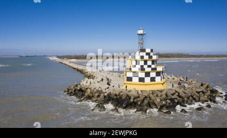 Faro Punta Sabbioni dall'alto, vista aerea Foto Stock