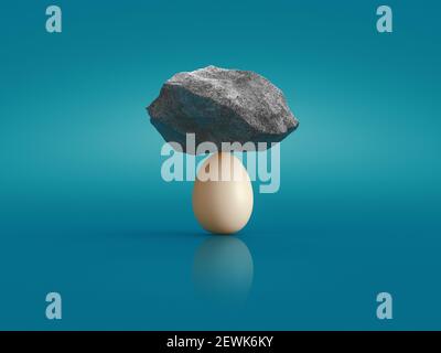Concetto di equilibrio e forza, uova e pietre su di esso. rendering 3d Foto Stock