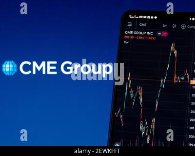 In questa illustrazione fotografica le informazioni di borsa di CME Group Inc. (Proprietario di Chicago Mercantile Exchange) vengono visualizzate su uno smartphone mentre il logo di CME Group Inc. Viene visualizzato come sfondo Foto Stock