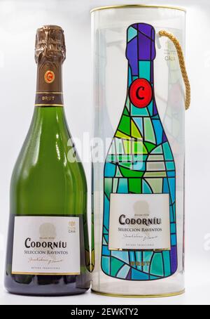 KYIV, UCRAINA - 16 DICEMBRE 2020: Scatto studio di Codorniu Seleccion Raventos Brut bottiglia di vino spumante di lusso cava e scatola closeup contro bianco. Foto Stock