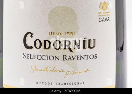 KYIV, UCRAINA - 16 DICEMBRE 2020: Studio Shoot of Codorniu Seleccion Raventos Brut vino spumante di lusso cava bottiglia closeup. Foto Stock
