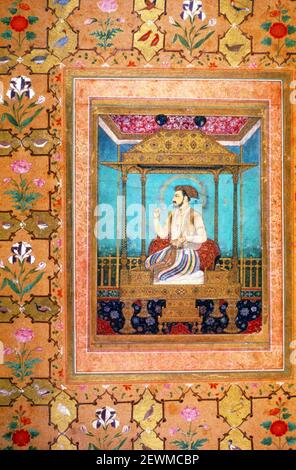 Dipinto di Mughal, imperatore Shah Jahan sul trono di pavone, attribuito a Govardhan, circa 1634-35, India Foto Stock