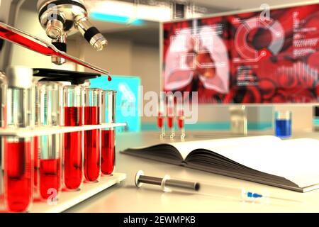 Provette da laboratorio in studio medico universitario - campione di sangue dna test per virus, ad esempio coronavirus, illustrazione medica 3D Foto Stock
