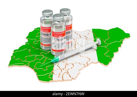 Vaccino e siringa con mappa nigeriana. Vaccinazioni in Nigeria Concept, rendering 3D isolato su sfondo bianco Foto Stock