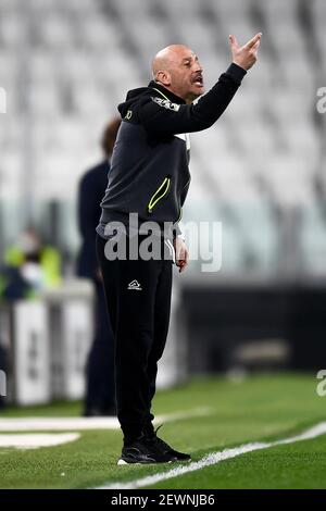 Torino - 02 marzo 2021: Vincenzo Italiano, capo allenatore di Spezia Calcio, gesti durante la Serie A Football Match tra Juventus FC e Spezia Calcio. Juventus FC ha vinto 3-0 su Spezia Calcio. Credit: Nicolò campo/Alamy Live News Foto Stock