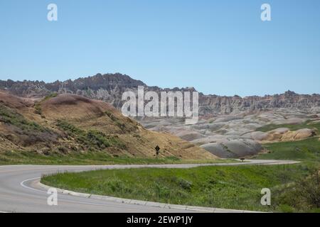 Strada vuota attraverso il Parco Nazionale di Badlands. Foto Stock