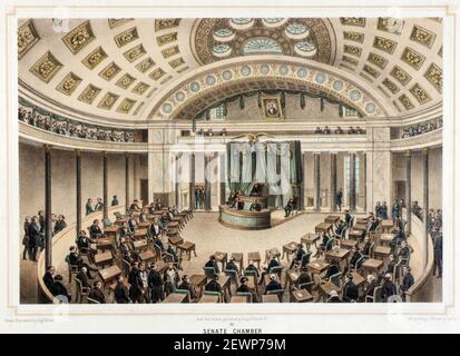 Vista interna del XIX secolo della Camera del Senato degli Stati Uniti, Campidoglio degli Stati Uniti, Washington DC, stampa di Isidore Laurent Deroy dopo Augustus Kollner, circa 1850 Foto Stock
