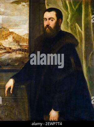 Jacopo Tintoretto (figura) e Maarten de Vos (sfondo), Ritratto di un uomo con Vista Paesaggio, pittura, 1552-1556 Foto Stock