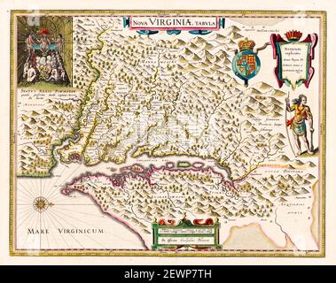 Primi, 17 ° secolo mappa della Virginia, New England, che mostra i molti villaggi nativi sotto il controllo di Powhatan, capo della Confederazione Algonquiana, mappa di Dirck Grijp, copia dopo John Smith, 1618 Foto Stock