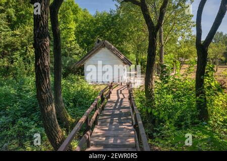 Replica casa pescatori, Pakasz Farm, Koros Maros National Park, vicino alla città di Veszto, regione della Grande pianura meridionale, Ungheria, Europa centrale Foto Stock