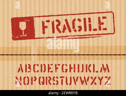 Simbolo vettoriale fragile sullo sfondo della scatola di cartone del carico con carattere per la logistica o l'imballaggio. Significa non schiacciare, maneggiare con cura. Alfabeto grunge incluso. Illustrazione vettoriale Illustrazione Vettoriale