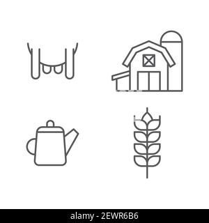 Set linea annaffiatura lattina, mammelle, cereali con riso, grano, mais, Icona di concetto di avena, segale e fattoria. Illustrazione Vettoriale