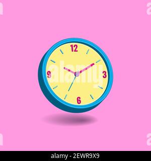 orologio da parete analogico isolato su sfondo rosa pastello. concetto di tempo. design minimo per banner, volantino, poster, sito web. grafica vettoriale cartoon 3d Illustrazione Vettoriale