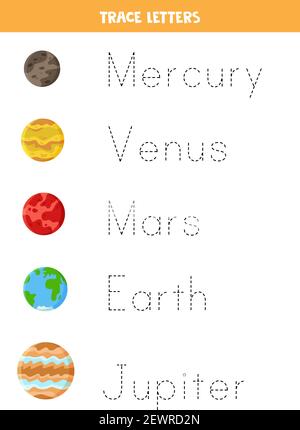 Traccia i nomi dei pianeti del sistema solare. Pratica di scrittura a mano per i capretti di preschool. Illustrazione Vettoriale