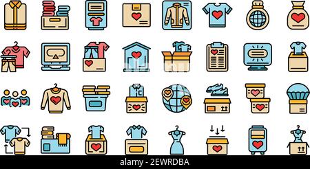 Set di icone per la donazione di abiti. Contorno Set di donare abiti icone vettoriali linea sottile colore piatto su bianco Illustrazione Vettoriale