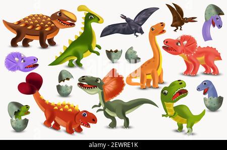 Dinosauri Tyrannosaurus, Brachiosaurus, Pterodactyl, Triceratops, Stegosaurus cartoon personaggio. Grande collezione Dinosaurs. Dinosauri che covano da un uovo. Illustrazione vettoriale 3D. Illustrazione Vettoriale