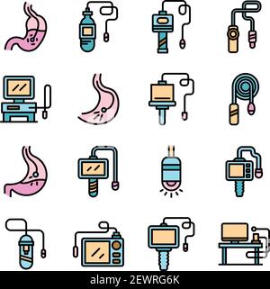 Set di icone endoscopiche. Contorno insieme di icone vettoriali dell'endoscopio linea sottile piatta su bianco Illustrazione Vettoriale