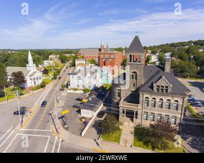 Vista aerea del tribunale del distretto di Woonsocket nel centro di Woonsocket, Rhode Island RI, Stati Uniti. Foto Stock