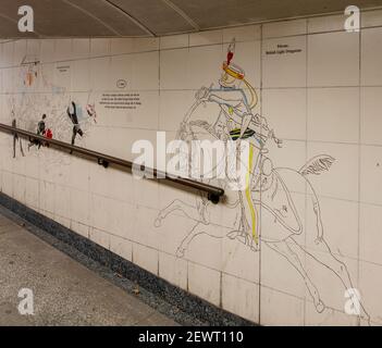 Murale raffigurante la Battaglia di Waterloo all'entrata della metropolitana di Hyde Park Corner Underground da parte del Freform Arts Trust, 1995 Foto Stock