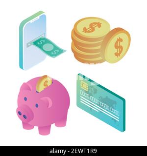 quattro icone di set di banche online Illustrazione Vettoriale