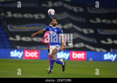 Cardiff, Regno Unito. 02 marzo 2021. Curtis Nelson di Cardiff City in azione. EFL Skybet Championship, Cardiff City contro Derby County al Cardiff City Stadium di Cardiff, Galles, martedì 2 marzo 2021. Questa immagine può essere utilizzata solo per scopi editoriali. Solo per uso editoriale, è richiesta una licenza per uso commerciale. Nessun utilizzo nelle scommesse, nei giochi o nelle pubblicazioni di un singolo club/campionato/giocatore. pic di Andrew Orchard/Andrew Orchard sports photography/Alamy Live news Credit: Andrew Orchard sports photography/Alamy Live News Foto Stock