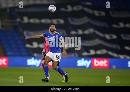 Cardiff, Regno Unito. 02 marzo 2021. Curtis Nelson di Cardiff City in azione. EFL Skybet Championship, Cardiff City contro Derby County al Cardiff City Stadium di Cardiff, Galles, martedì 2 marzo 2021. Questa immagine può essere utilizzata solo per scopi editoriali. Solo per uso editoriale, è richiesta una licenza per uso commerciale. Nessun utilizzo nelle scommesse, nei giochi o nelle pubblicazioni di un singolo club/campionato/giocatore. pic di Andrew Orchard/Andrew Orchard sports photography/Alamy Live news Credit: Andrew Orchard sports photography/Alamy Live News Foto Stock